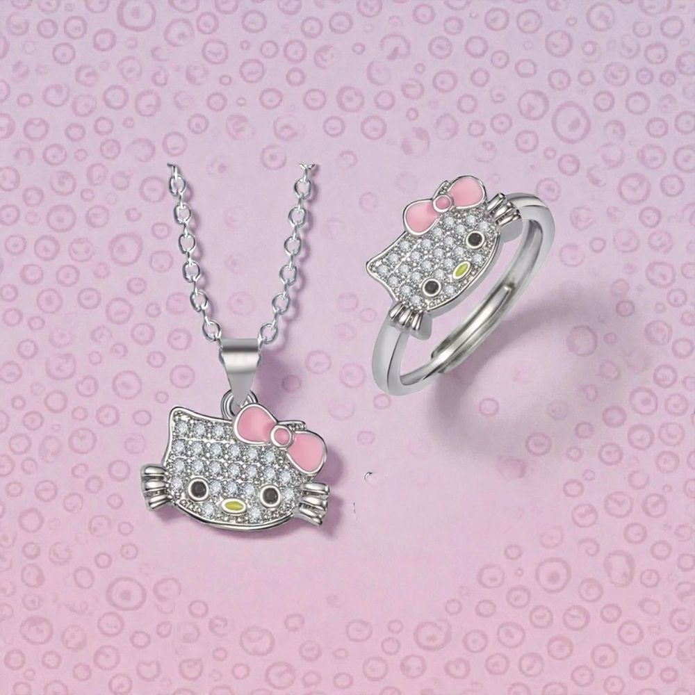 NWT Hello Kitty Crystal Bow Necklace & Ring Set-Purrfect Girls Gift!